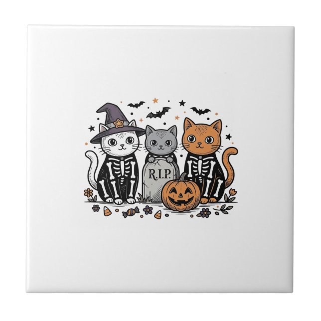 Cute Skeleton Cats Halloween Vintage Engraving Shi Tile (Front)