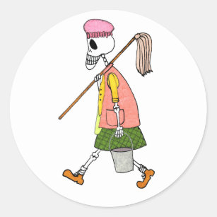 Cute Skeleton Cleaning Woman Mop & Pail Classic Round Sticker