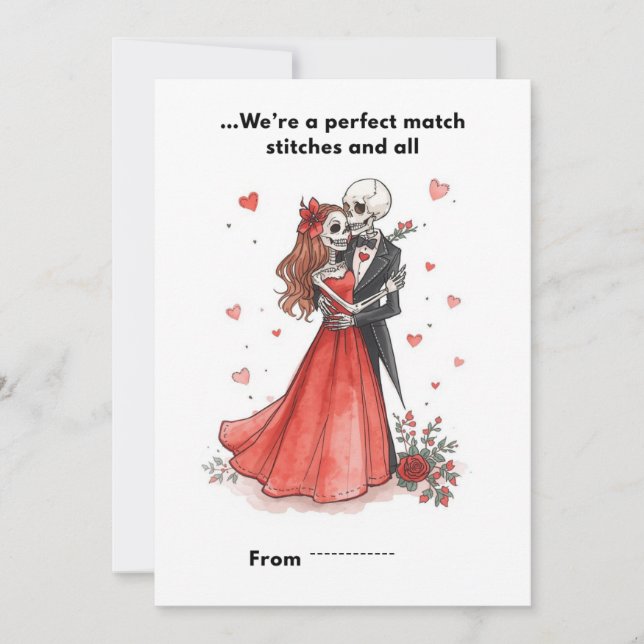 Cute Skeleton Couple Stitched Heart Valentine Card (Front)