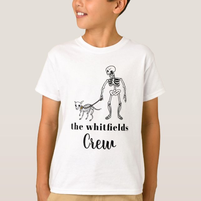 Cute Skeleton Dog Walker Halloween Family Matching T-Shirt (Front)