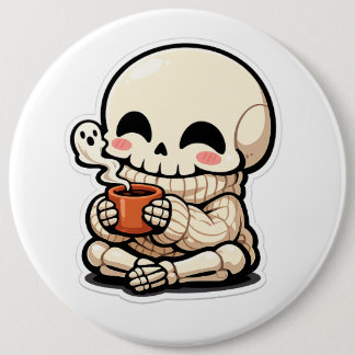 Cute Skeleton Drinking Coffee Sticker – Kawaii Chi 6 Cm Round Badge