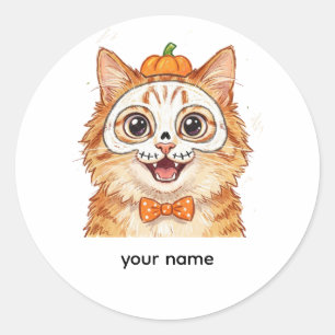 Cute Skeleton Face Paint Ginger Cat Halloween Classic Round Sticker