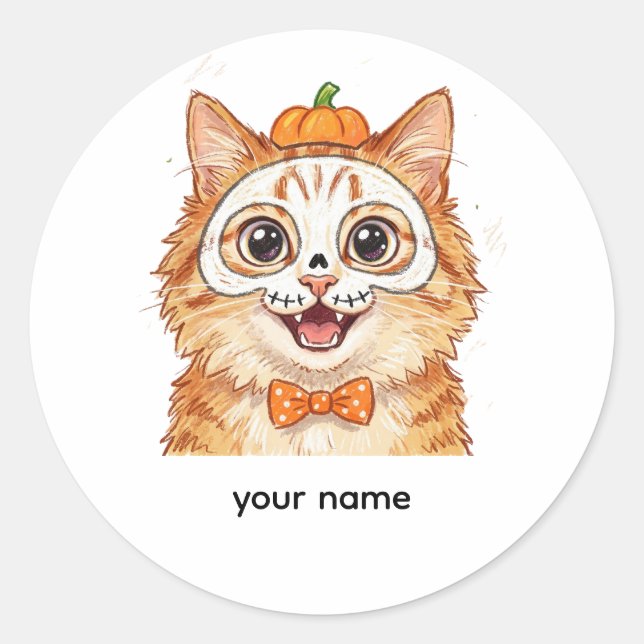Cute Skeleton Face Paint Ginger Cat Halloween  Classic Round Sticker (Front)