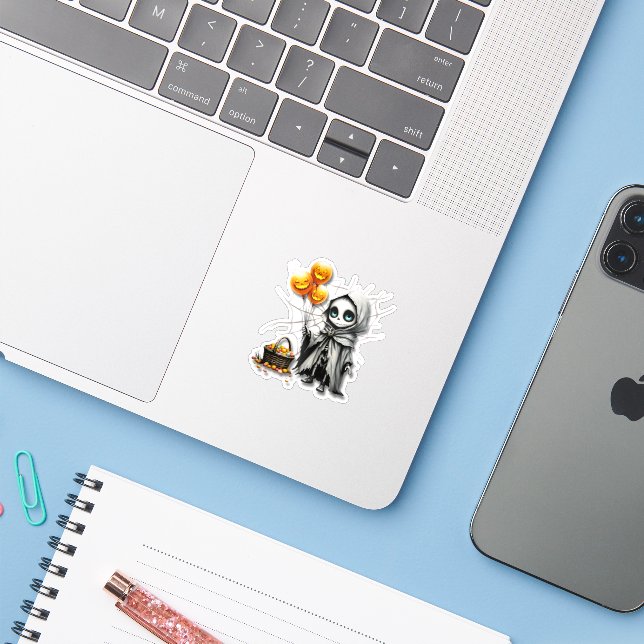 Cute Skeleton Girl with Pumpkin Balloons  (Laptop w/ iPhone)