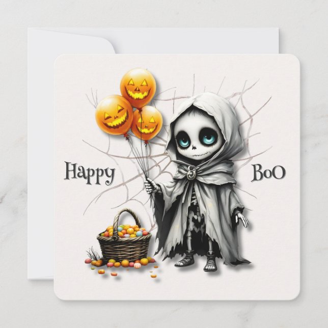 Cute Skeleton Girl with Pumpkin Balloons  Holiday Card (Front)