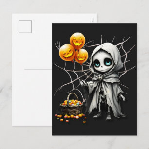 Cute Skeleton Girl with Pumpkin Balloons Holiday Postcard