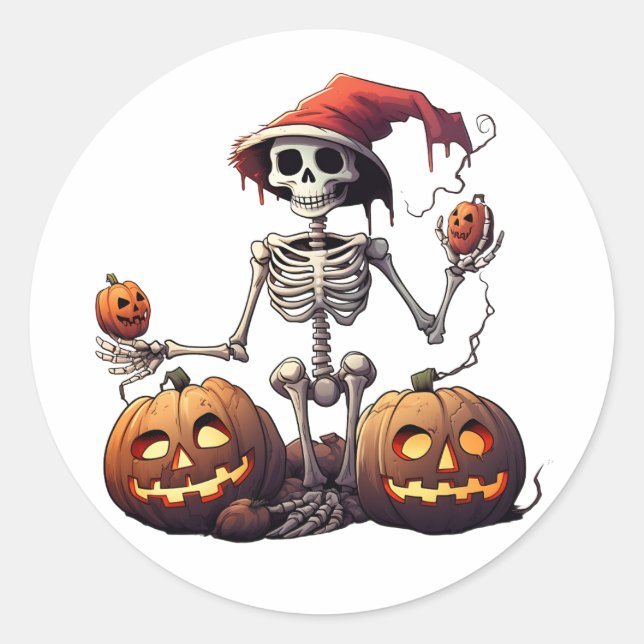Cute Skeleton Halloween Witch Pumpkin  Classic Round Sticker (Front)
