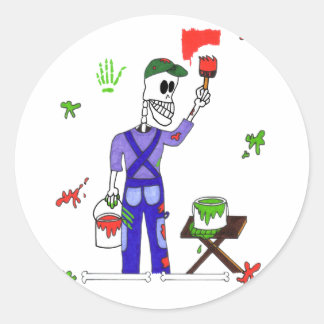 Cute Skeleton House Painter in Overalls Painting Classic Round Sticker