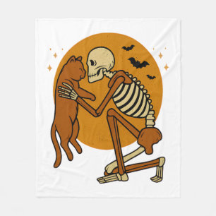 Cute Skeleton Hugging Cat Gothic Halloween Design Fleece Blanket