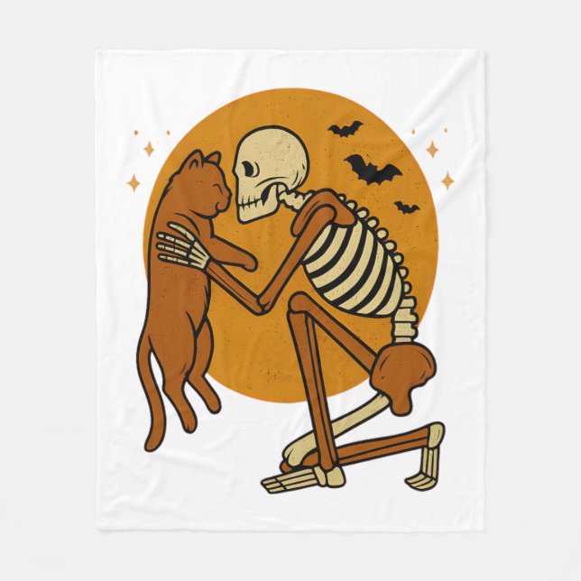 Cute Skeleton Hugging Cat Gothic Halloween Design Fleece Blanket (Front)