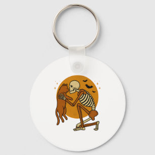 Cute Skeleton Hugging Cat Gothic Halloween Design Key Ring