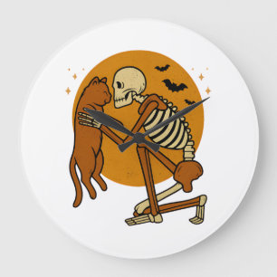 Cute Skeleton Hugging Cat Gothic Halloween Design Large Clock