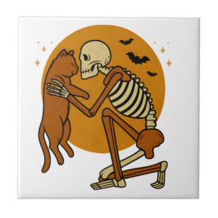 Cute Skeleton Hugging Cat Gothic Halloween Design Tile
