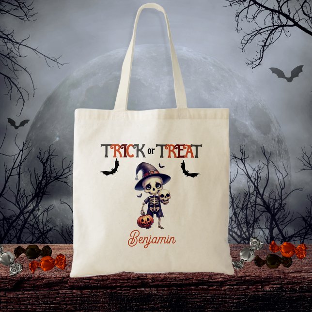 Cute Skeleton Kid's Trick or Treat Halloween Tote Bag (Cute Skeleton Kid's "Trick or Treat" Halloween Tote Bag)