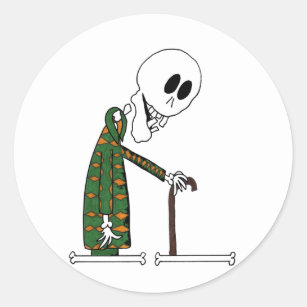 Cute Skeleton Old Man in Pyjamas with Cane Classic Round Sticker