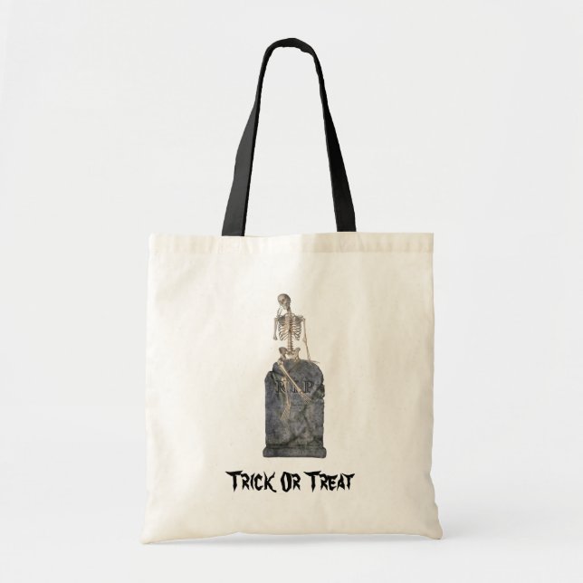 Cute Skeleton On Tombstone Halloween Tote Bag (Front)