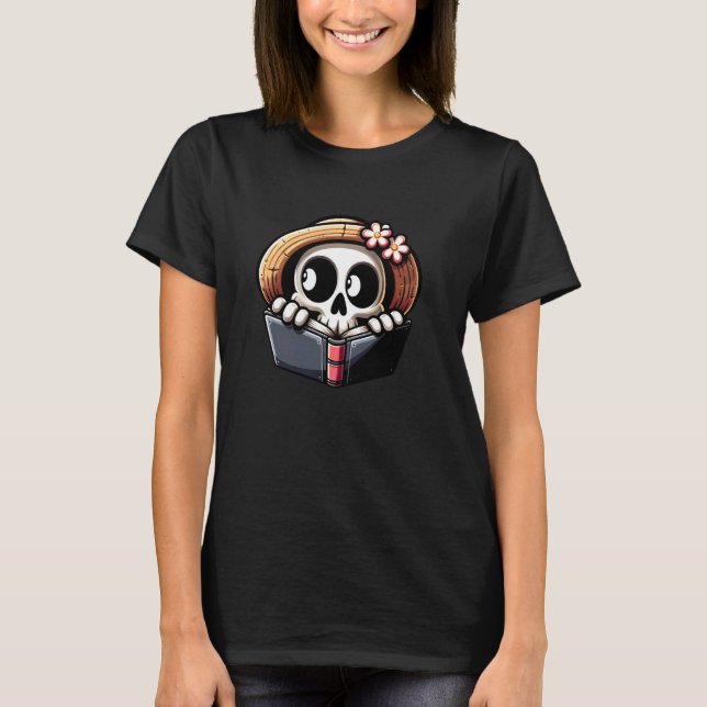 Cute Skeleton Reading, Book Reader, Funny Skull Lo T-Shirt (Front)