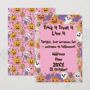 Cute Skeletons and Candy Pink For Halloween Invitation