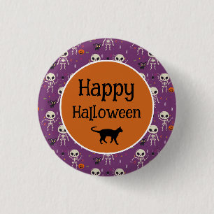 Cute Skeletons and Cat Halloween Purple and Orange 3 Cm Round Badge