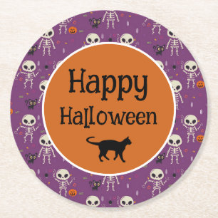 Cute Skeletons and Cat Halloween Purple and Orange Round Paper Coaster