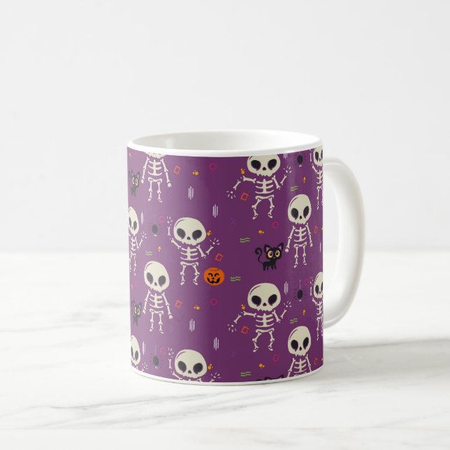 Cute Skeletons Halloween Pattern Purple Coffee Mug (Front Right)