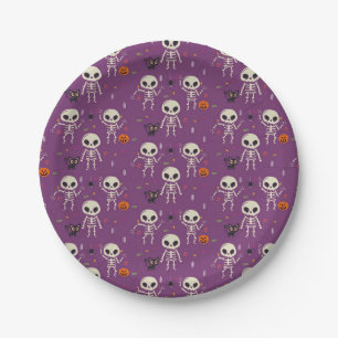 Cute Skeletons Halloween Pattern Purple Paper Plate