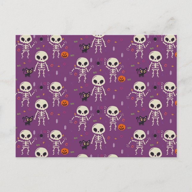 Cute Skeletons Halloween Pattern Purple Postcard (Front)