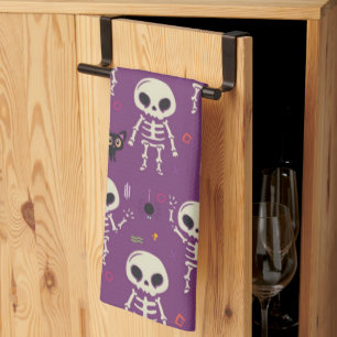 Cute Skeletons Halloween Pattern Purple Tea Towel