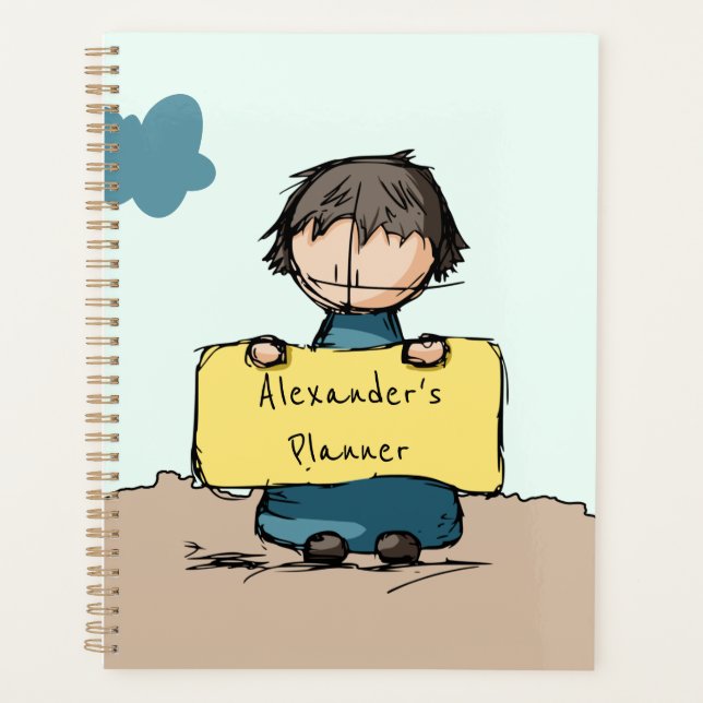 Cute Sketch Boy with a Sign Personalised Kids Planner (Front)
