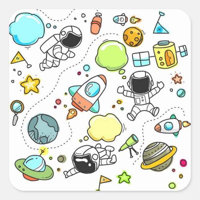 Cute Sketch Space Astronomy Astronaut Pattern Square Sticker (Front)