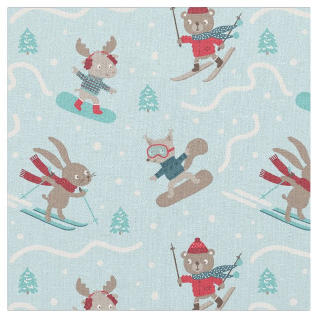 Cute Skiing and Snowboarding Animals on light blue Fabric (Close Up)