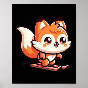Cute Skiing Fox Kawaii Alpine Slope Winter Fun Poster