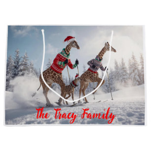 Cute Skiing Giraffe Family Christmas Personalised Large Gift Bag