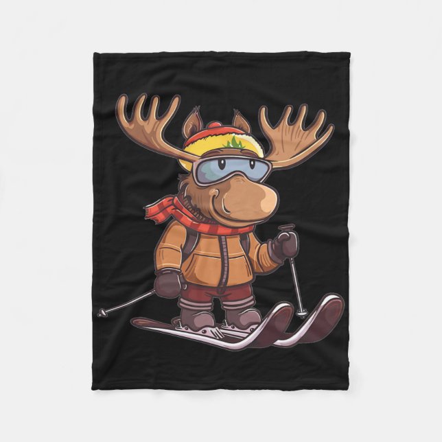 Cute Skiing Moose  Fleece Blanket (Front)