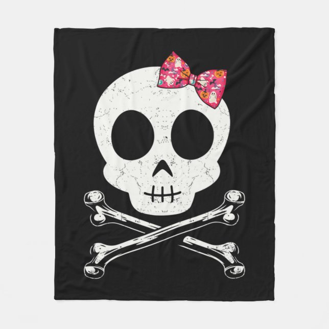 Cute Skull And Crossbones Pink Bow Tie Halloween S Fleece Blanket (Front)
