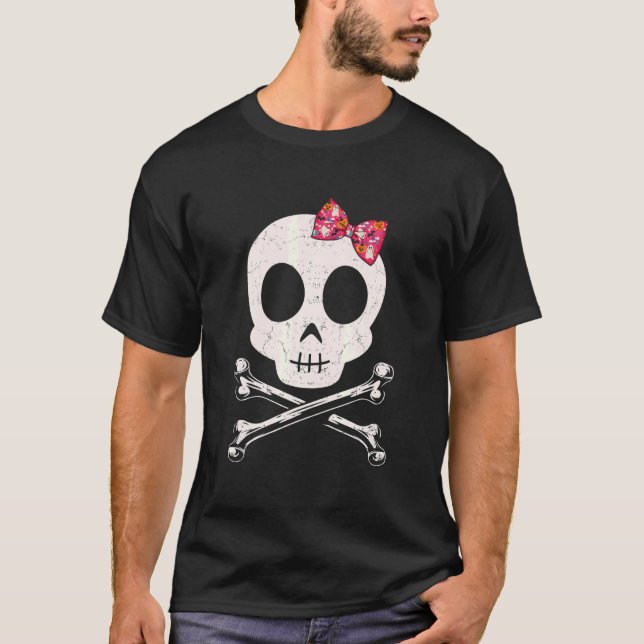 Cute Skull And Crossbones Pink Bow Tie Halloween S T-Shirt (Front)
