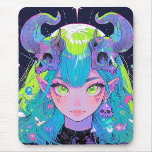 Cute Skull and Horns Punk Rock Anime Girl Mouse Pad