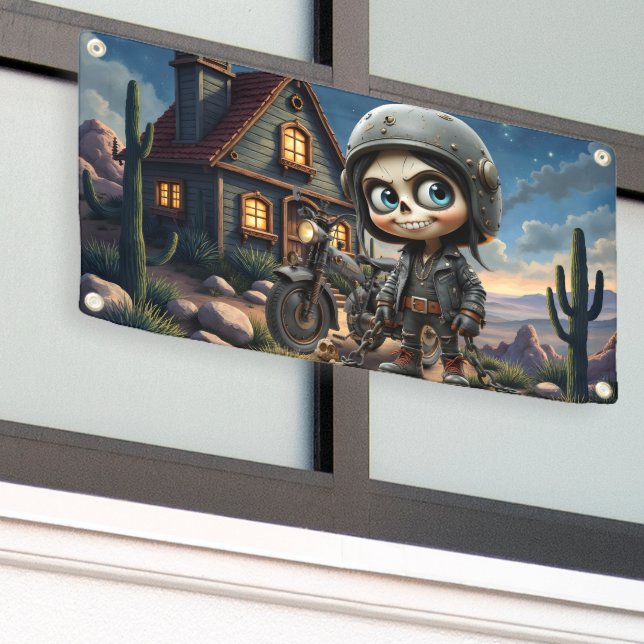 Cute Skull Biker | Moonlit Ride Through the Desert Banner (Outside Building)