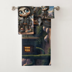 Cute Skull Biker Moonlit Ride Through the Desert Bath Towel Set