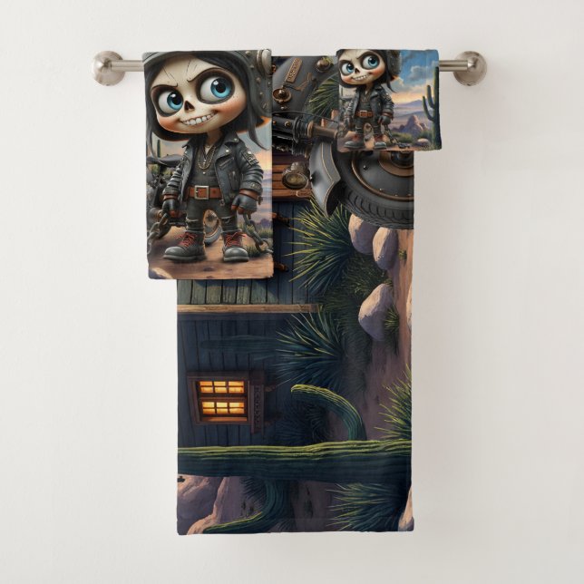 Cute Skull Biker | Moonlit Ride Through the Desert Bath Towel Set (Insitu)