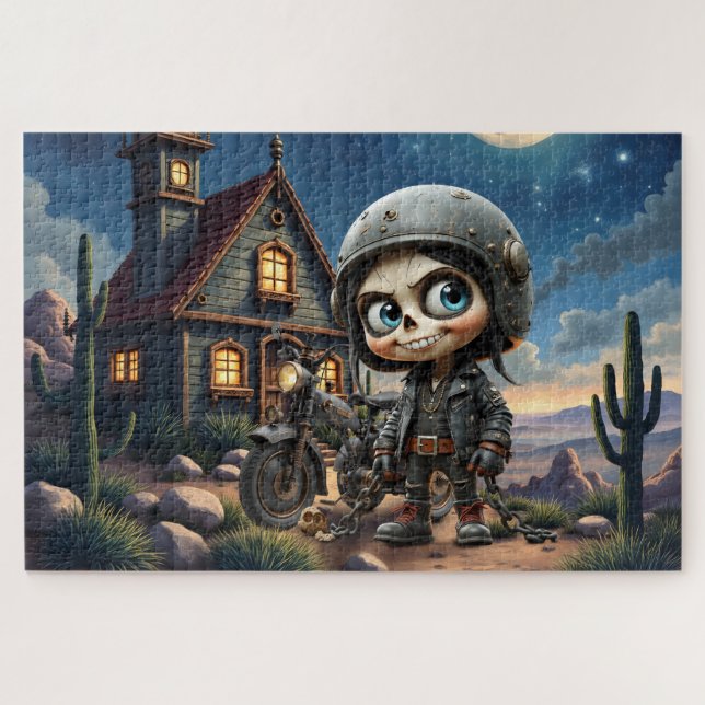 Cute Skull Biker | Moonlit Ride Through the Desert Jigsaw Puzzle (Horizontal)