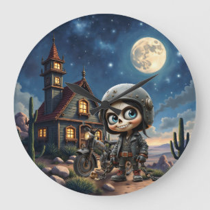 Cute Skull Biker   Moonlit Ride Through the Desert Large Clock