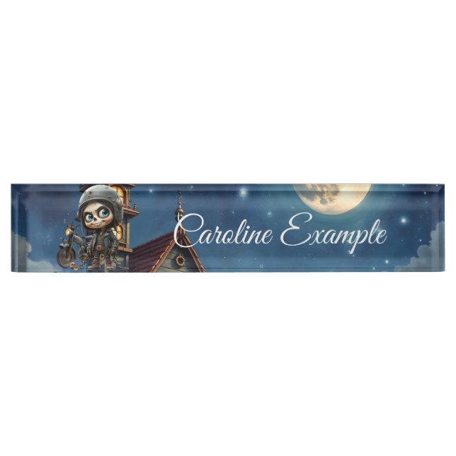 Cute Skull Biker | Moonlit Ride Through the Desert Nameplate (Front)