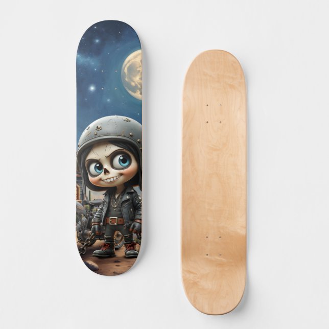 Cute Skull Biker | Moonlit Ride Through the Desert Skateboard (Front)