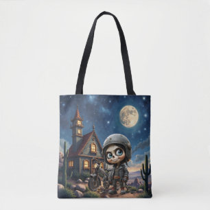 Cute Skull Biker Moonlit Ride Through the Desert Tote Bag