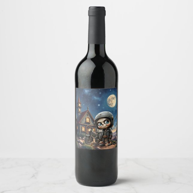 Cute Skull Biker | Moonlit Ride Through the Desert Wine Label (Front)