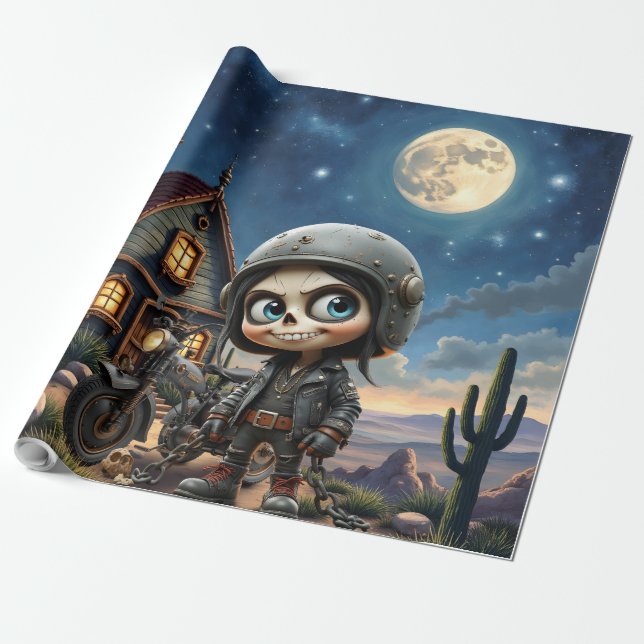 Cute Skull Biker | Moonlit Ride Through the Desert Wrapping Paper (Unrolled)