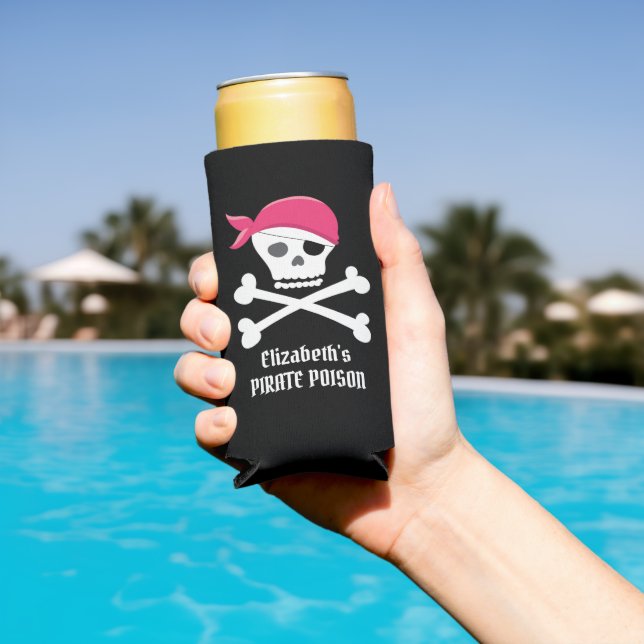Cute Skull Crossbones Pink Pirate Poison Custom Seltzer Can Cooler (In Situ Pool)