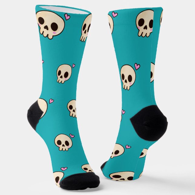 Cute Skull & Heart Socks | Teal Gothcore Vibes  (Angled)