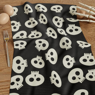 Cute Skull Pattern Black and Cream Halloween Tea Towel